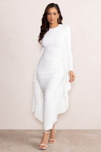 Keva | White Long Sleeve Ruched Maxi Dress with Cape Detailing sold by Club L London
