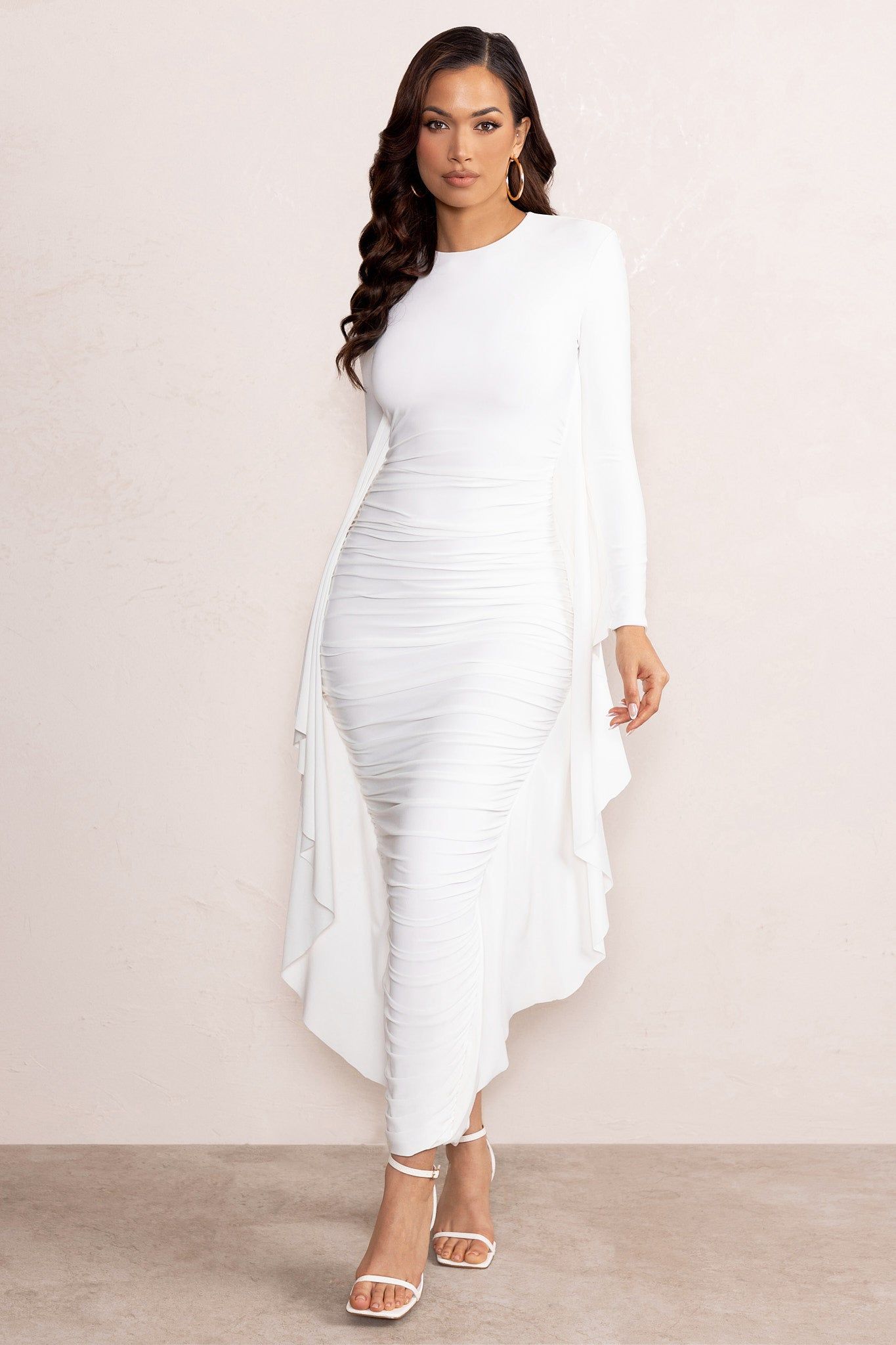 Keva | White Long Sleeve Ruched Maxi Dress with Cape Detailing sold by Club L London product image thumbnail 4