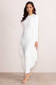 Keva | White Long Sleeve Ruched Maxi Dress with Cape Detailing sold by Club L London