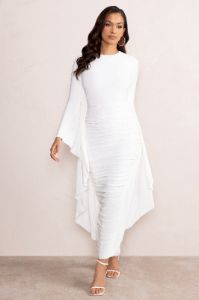 Keva | White Long Sleeve Ruched Maxi Dress with Cape Detailing sold by Club L London