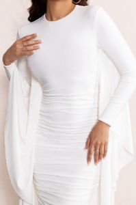 Keva | White Long Sleeve Ruched Maxi Dress with Cape Detailing sold by Club L London