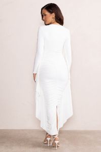 Keva | White Long Sleeve Ruched Maxi Dress with Cape Detailing sold by Club L London
