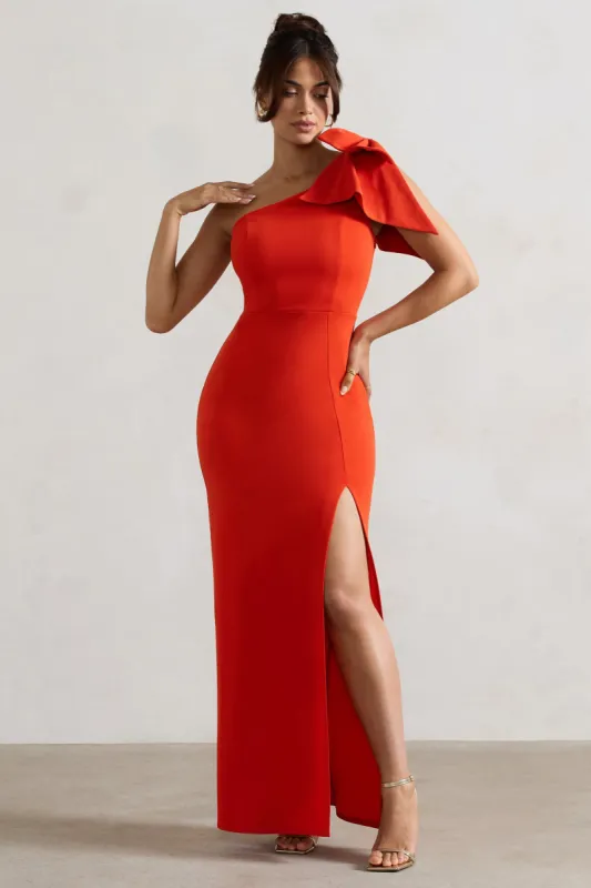 Elowen | Orange Asymmetric Maxi Dress With Bow sold by Club L London