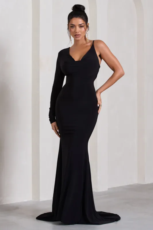 At Dusk | Black One-Sleeved Cowl-Neck Fishtail Maxi Dress sold by Club L London