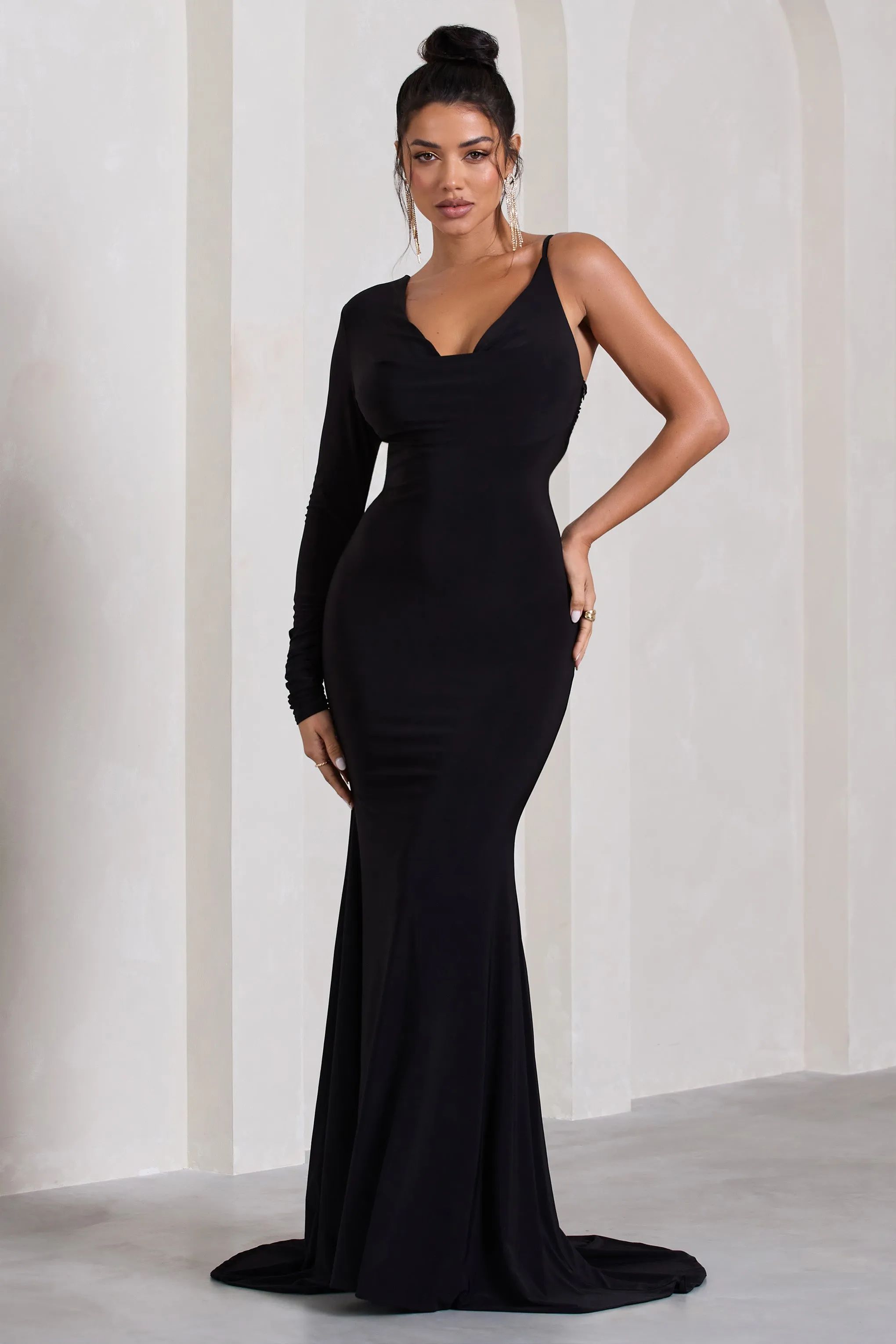 At Dusk | Black One-Sleeved Cowl-Neck Fishtail Maxi Dress sold by Club L London