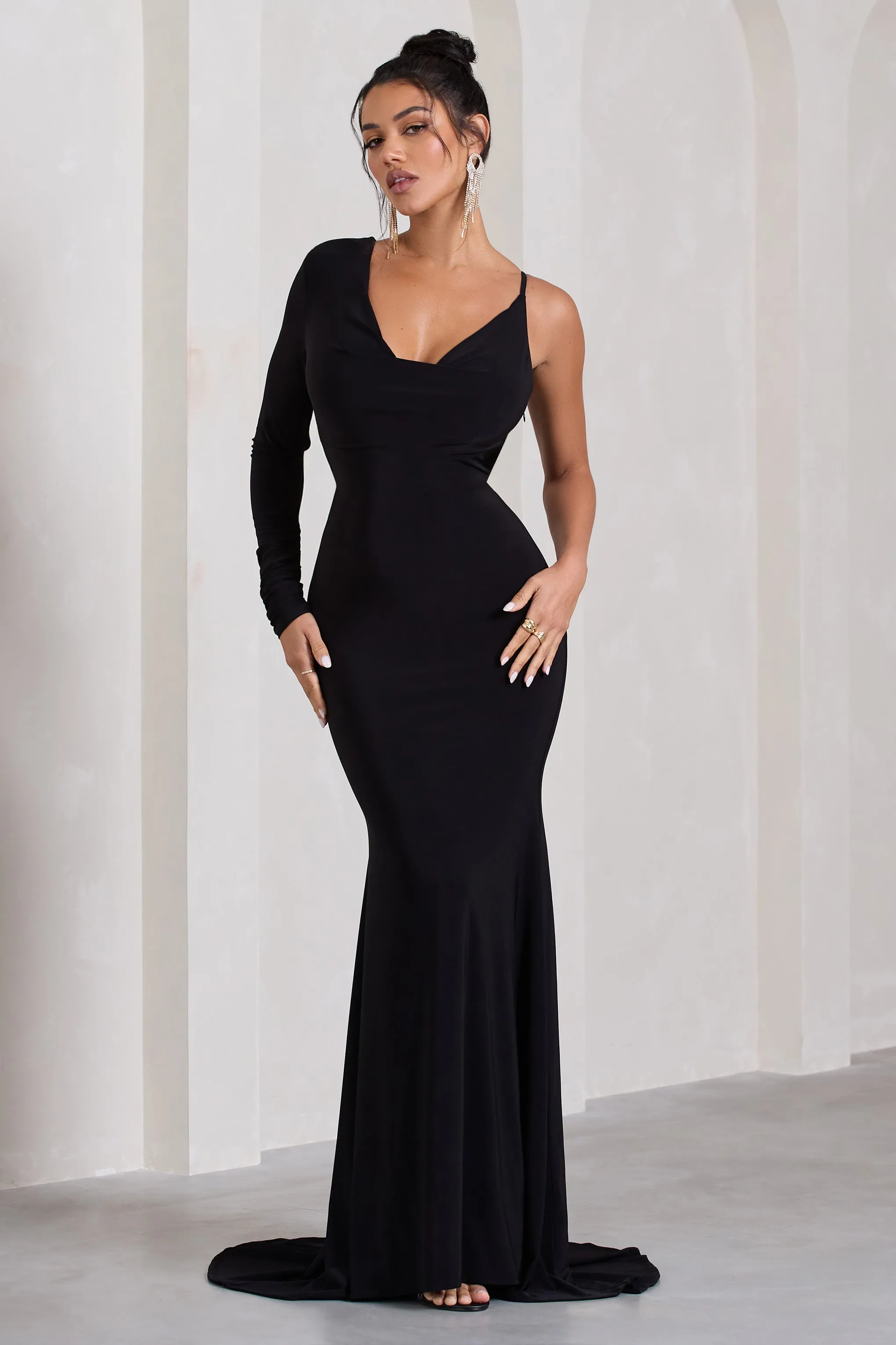 At Dusk | Black One-Sleeved Cowl-Neck Fishtail Maxi Dress sold by Club L London product image thumbnail 5