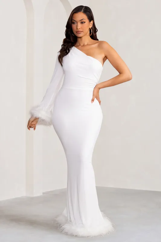 Martha | White One Sleeve Maxi Dress with Feather Cuff and Hemline sold by Club L London