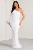 Martha | White One Sleeve Maxi Dress with Feather Cuff and Hemline sold by Club L London