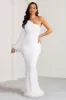 Martha | White One Sleeve Maxi Dress with Feather Cuff and Hemline sold by Club L London