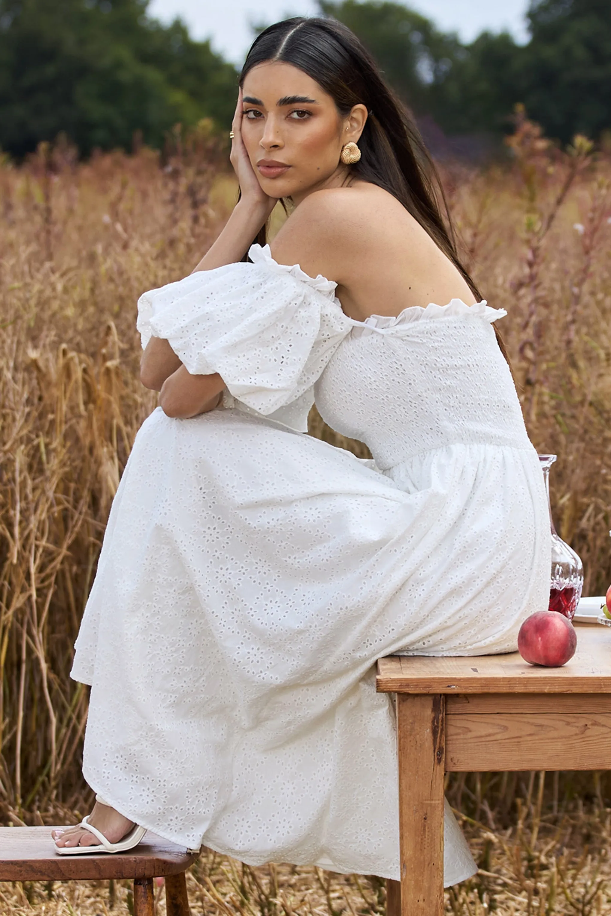 Halo | White Broderie Bardot Midi Dress sold by Club L London product image thumbnail 3