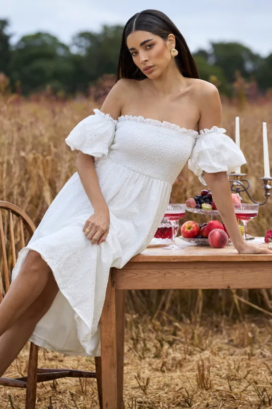 Halo | White Broderie Bardot Midi Dress sold by Club L London