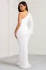 Martha | White One Sleeve Maxi Dress with Feather Cuff and Hemline sold by Club L London