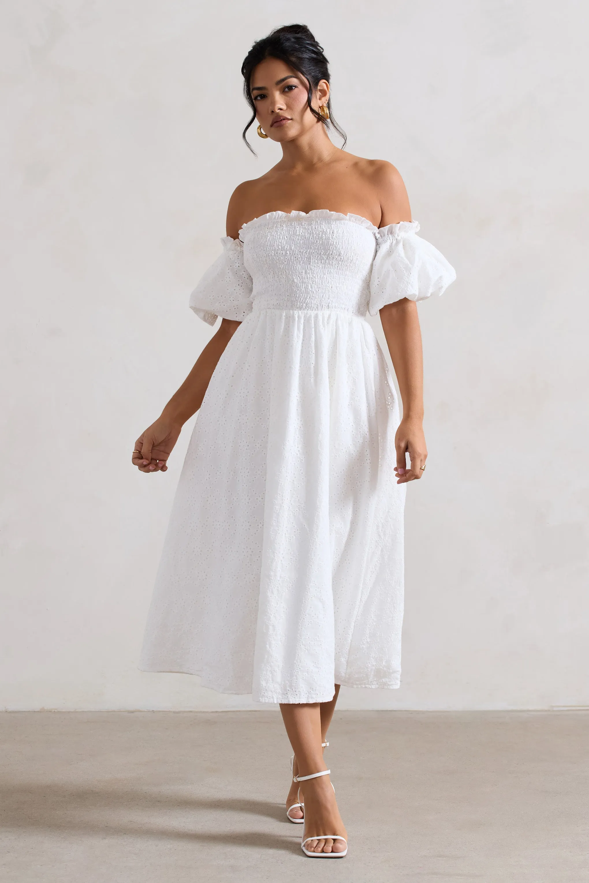 Halo | White Broderie Bardot Midi Dress sold by Club L London product image thumbnail 4