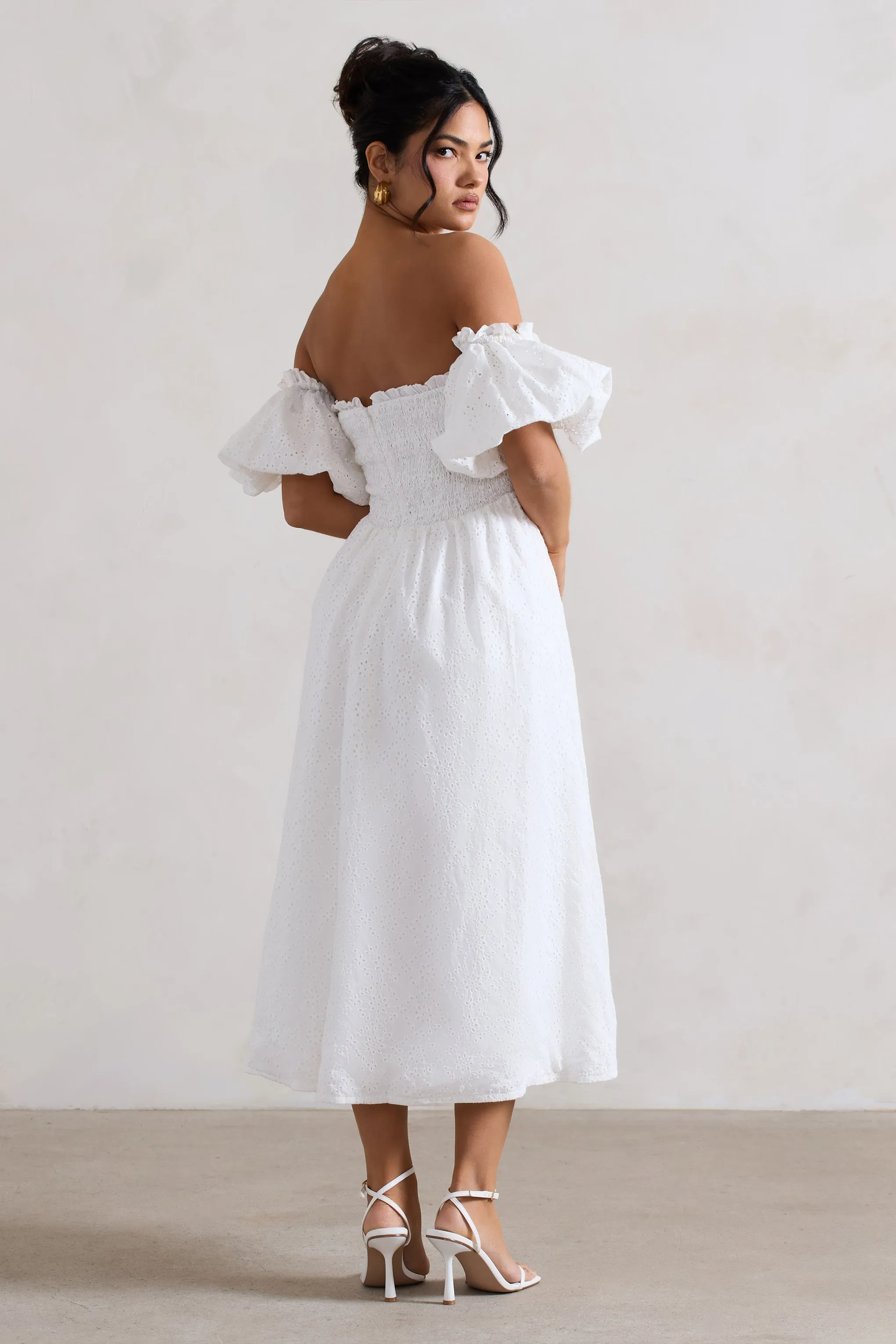 Halo | White Broderie Bardot Midi Dress sold by Club L London product image thumbnail 5