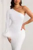 Martha | White One Sleeve Maxi Dress with Feather Cuff and Hemline sold by Club L London