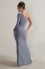 Doll | Grey Asymmetric One Sleeve Ruched Maxi Dress sold by Club L London