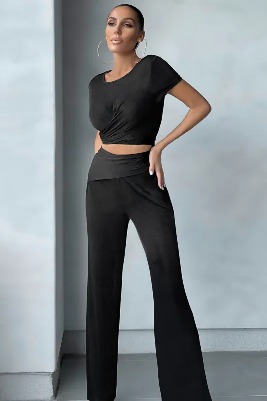 On My Mind | Black Wide Leg Wrap Tie Detail Trousers sold by Club L London