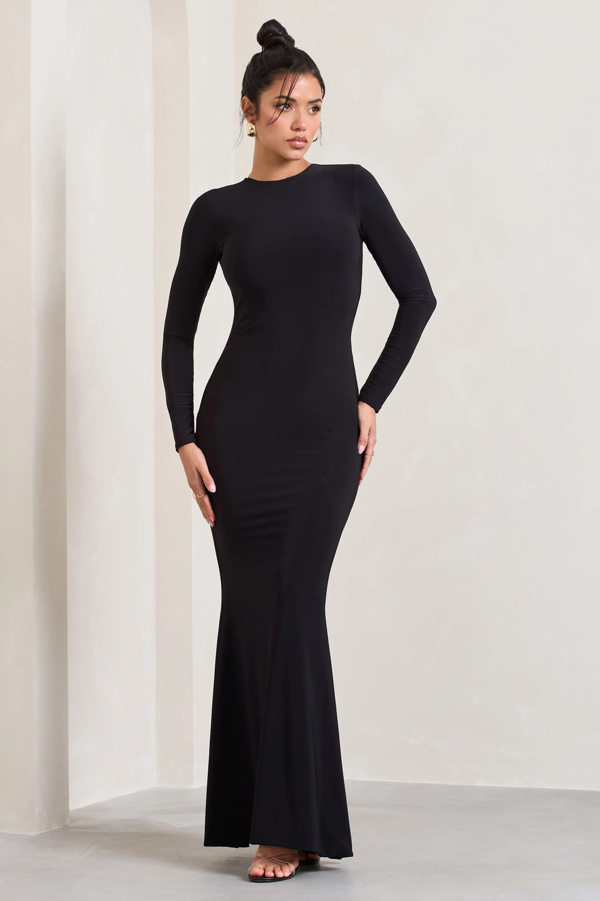 Donna | Black Long-Sleeved Open-Back Maxi Dress sold by Club L London
