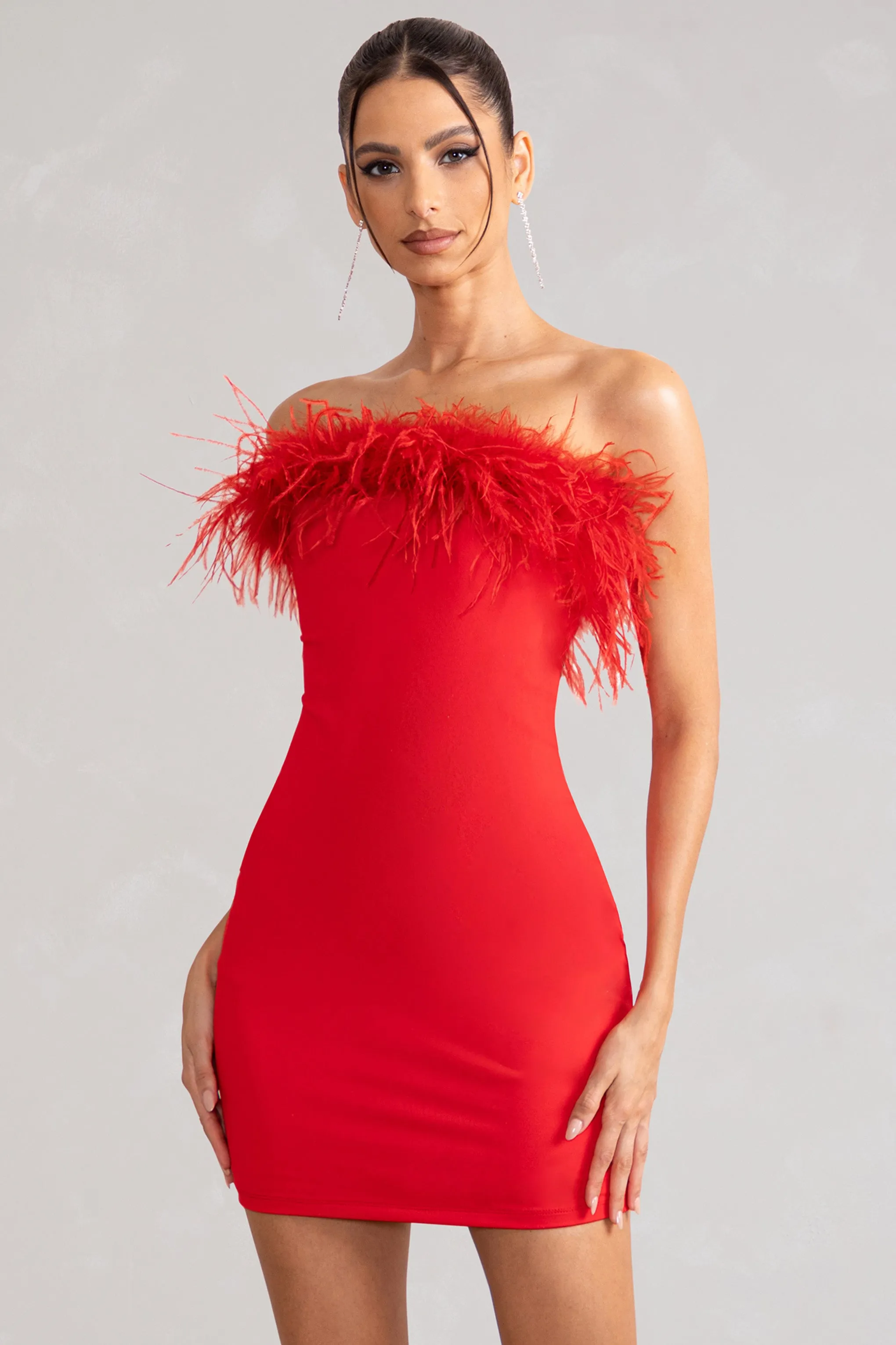 Stop The Show | Red Feather Trim Strapless Bodycon Mini Dress sold by Club L London