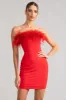 Stop The Show | Red Feather Trim Strapless Bodycon Mini Dress sold by Club L London