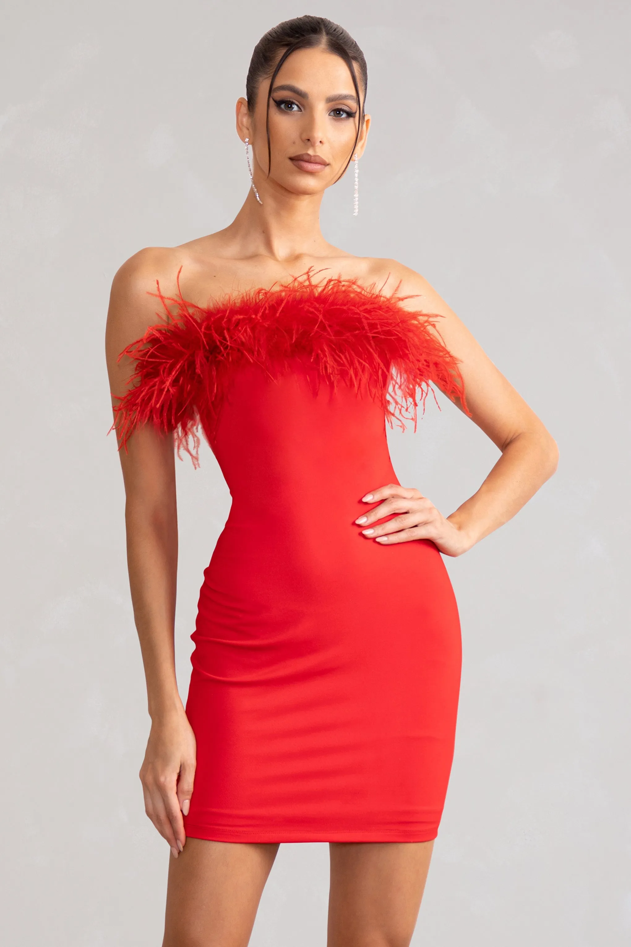 Stop The Show | Red Feather Trim Strapless Bodycon Mini Dress sold by Club L London product image thumbnail 5