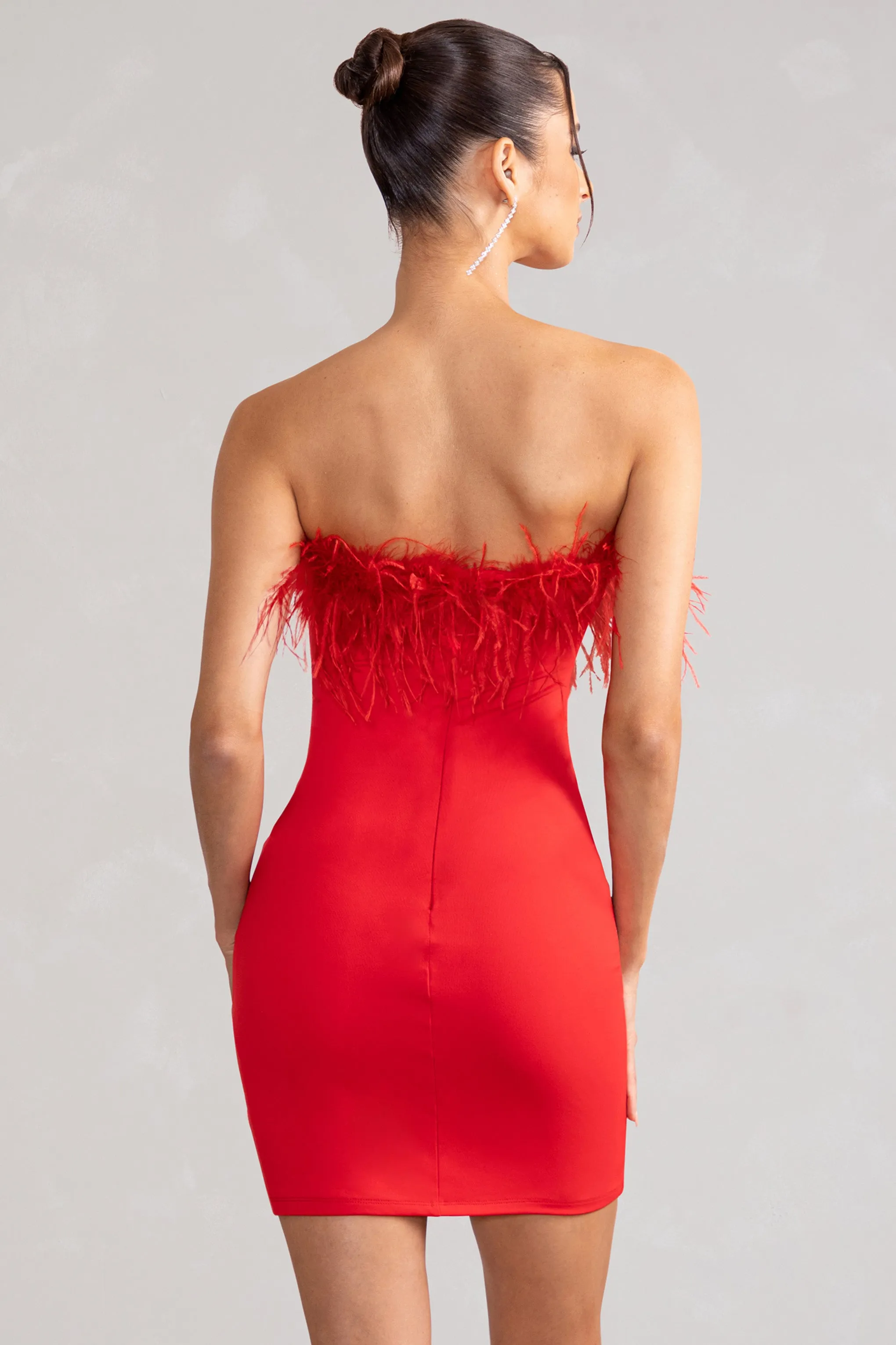 Stop The Show | Red Feather Trim Strapless Bodycon Mini Dress sold by Club L London product image thumbnail 3