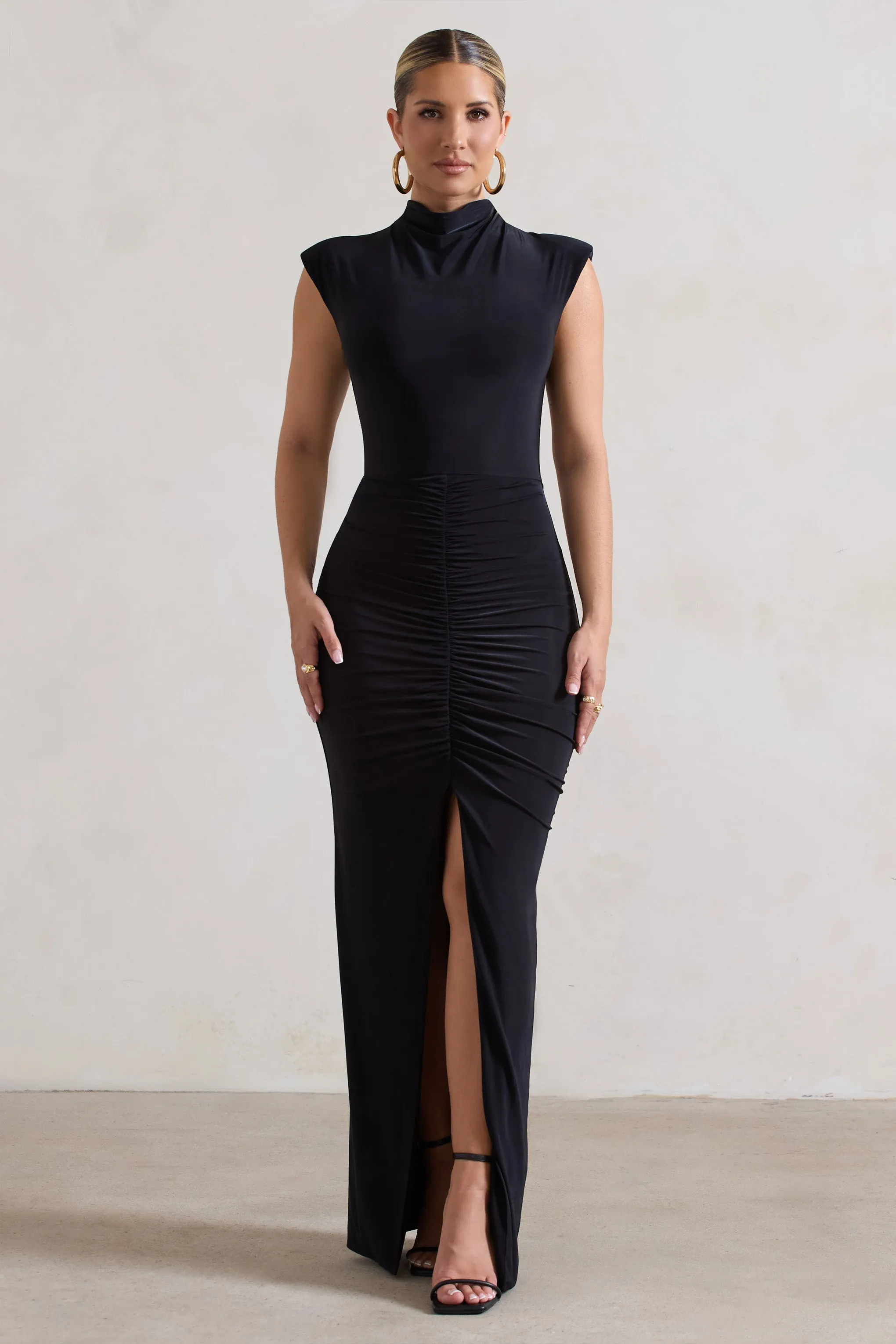Samira | Black Ruched High-Neck Split Maxi Dress sold by Club L London product image thumbnail 4