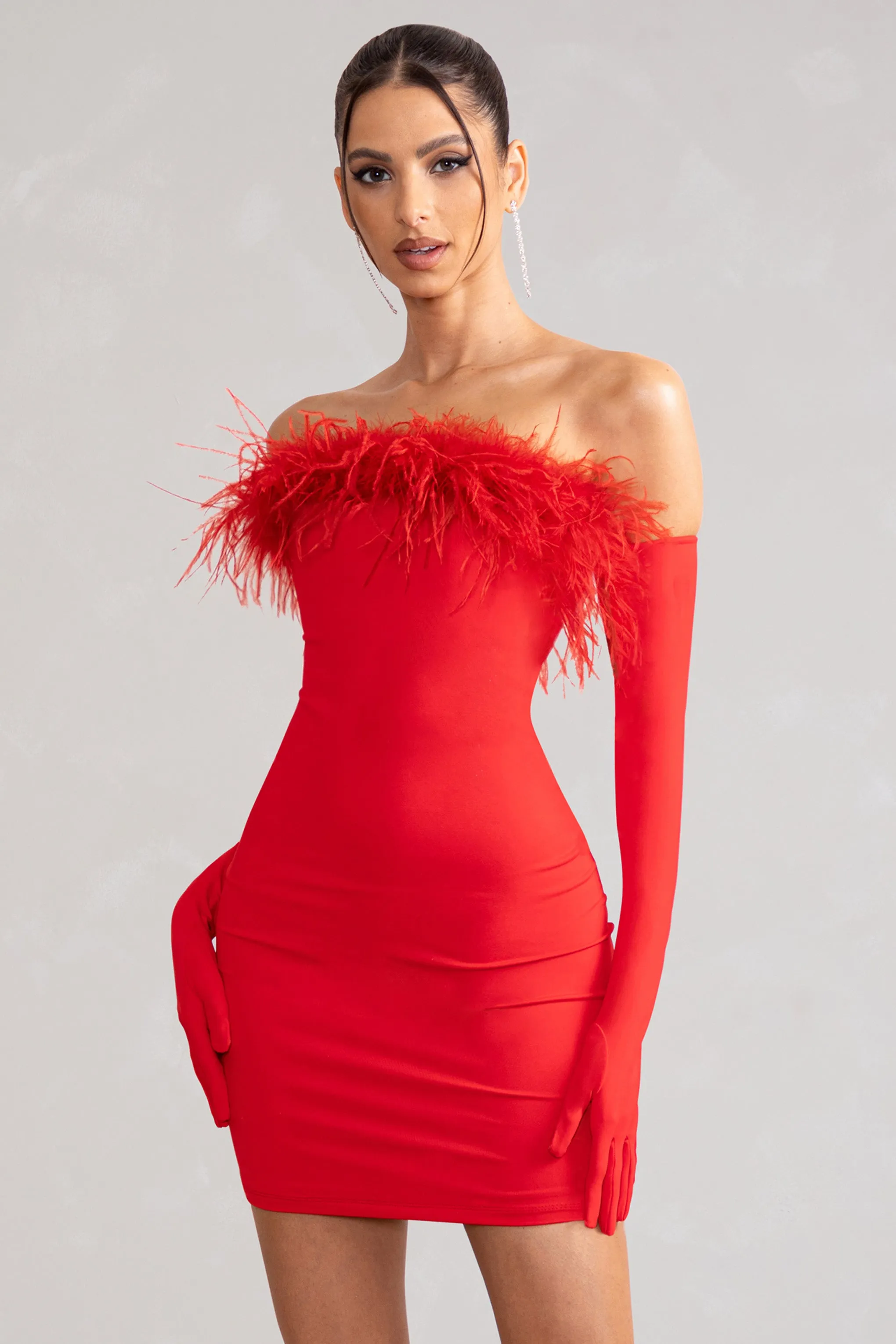 Stop The Show | Red Feather Trim Strapless Bodycon Mini Dress sold by Club L London product image thumbnail 4
