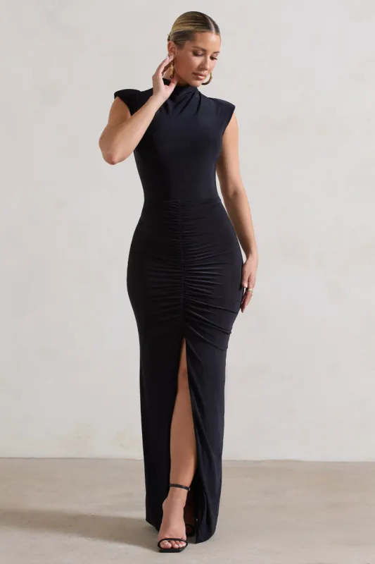 Samira | Black Ruched High-Neck Split Maxi Dress sold by Club L London