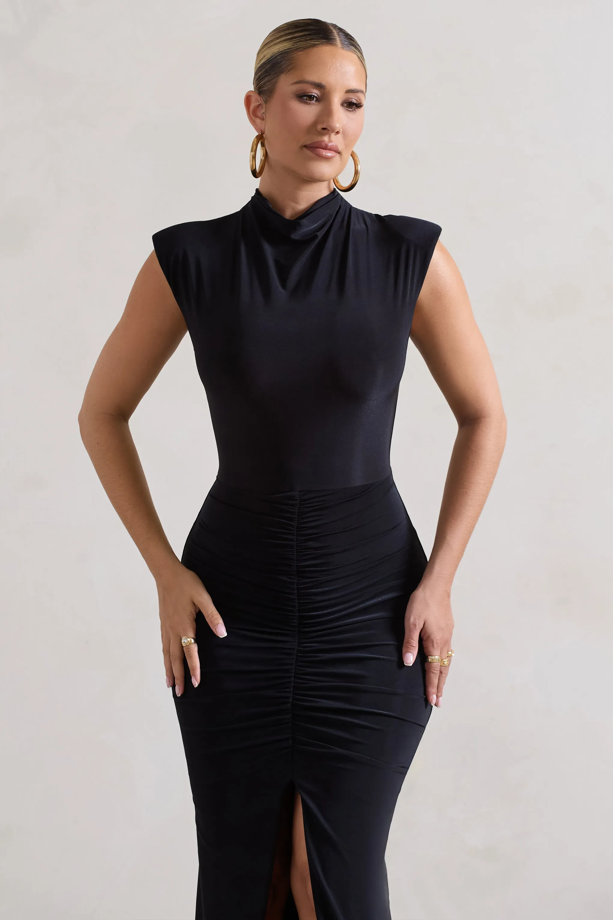 Samira | Black Ruched High-Neck Split Maxi Dress sold by Club L London product image thumbnail 3