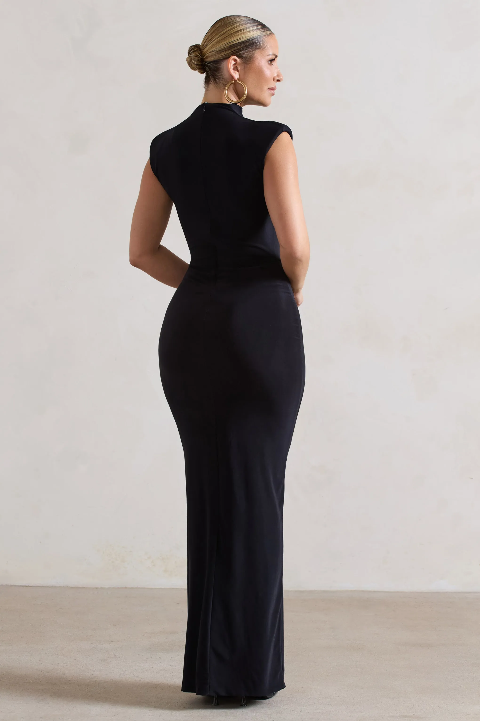 Samira | Black Ruched High-Neck Split Maxi Dress sold by Club L London product image thumbnail 2