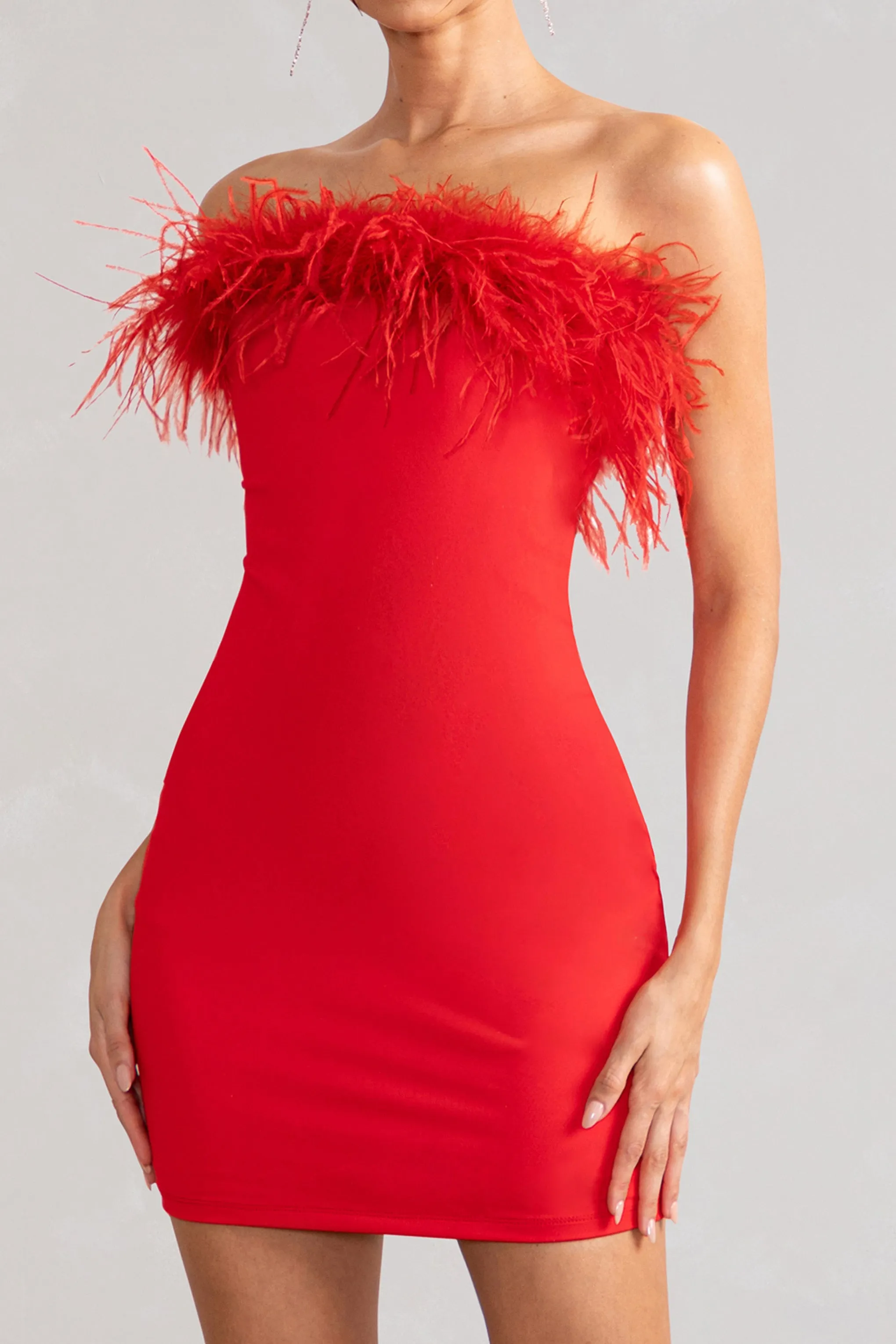 Stop The Show | Red Feather Trim Strapless Bodycon Mini Dress sold by Club L London product image thumbnail 2