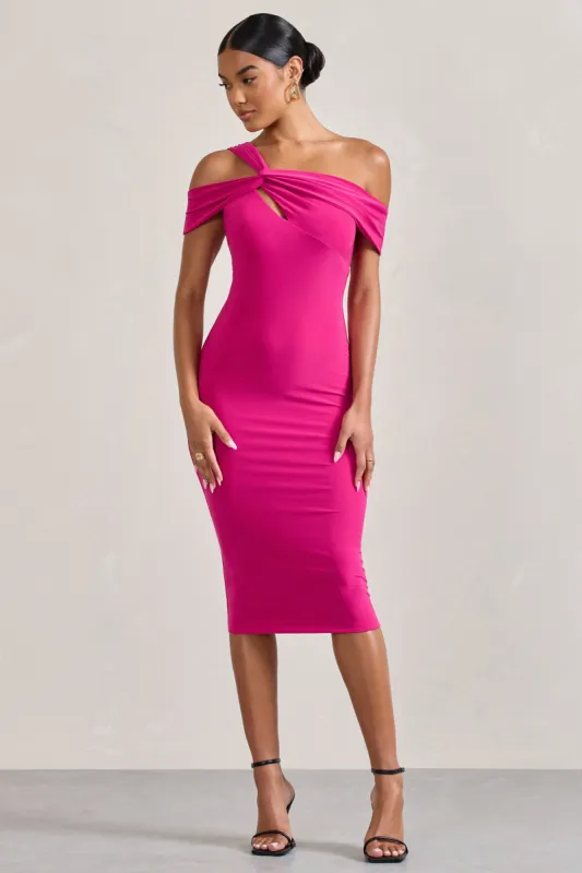 Chain Reaction | Fuchsia Pink Strappy Asymmetric Bodycon Midi Dress sold by Club L London