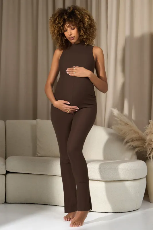 Issy | Chocolate High-Neck Sleeveless Maternity Jumpsuit sold by Club L London
