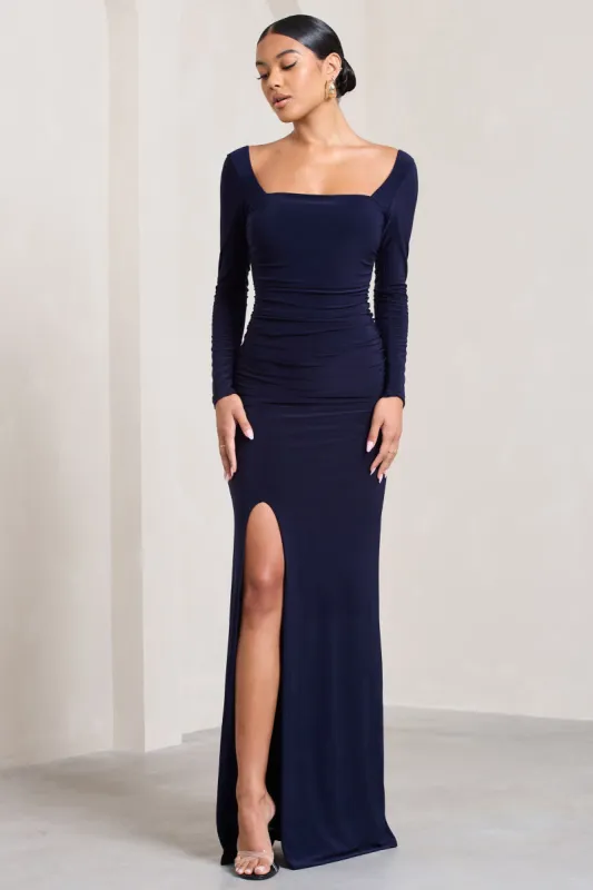 My Pleasure | Navy Square Neck Ruched Maxi Dress sold by Club L London