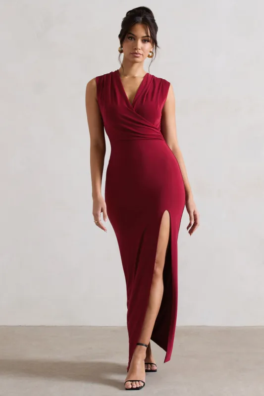 Honour | Berry V-Neck Split Maxi Dress With Cowl-Back sold by Club L London
