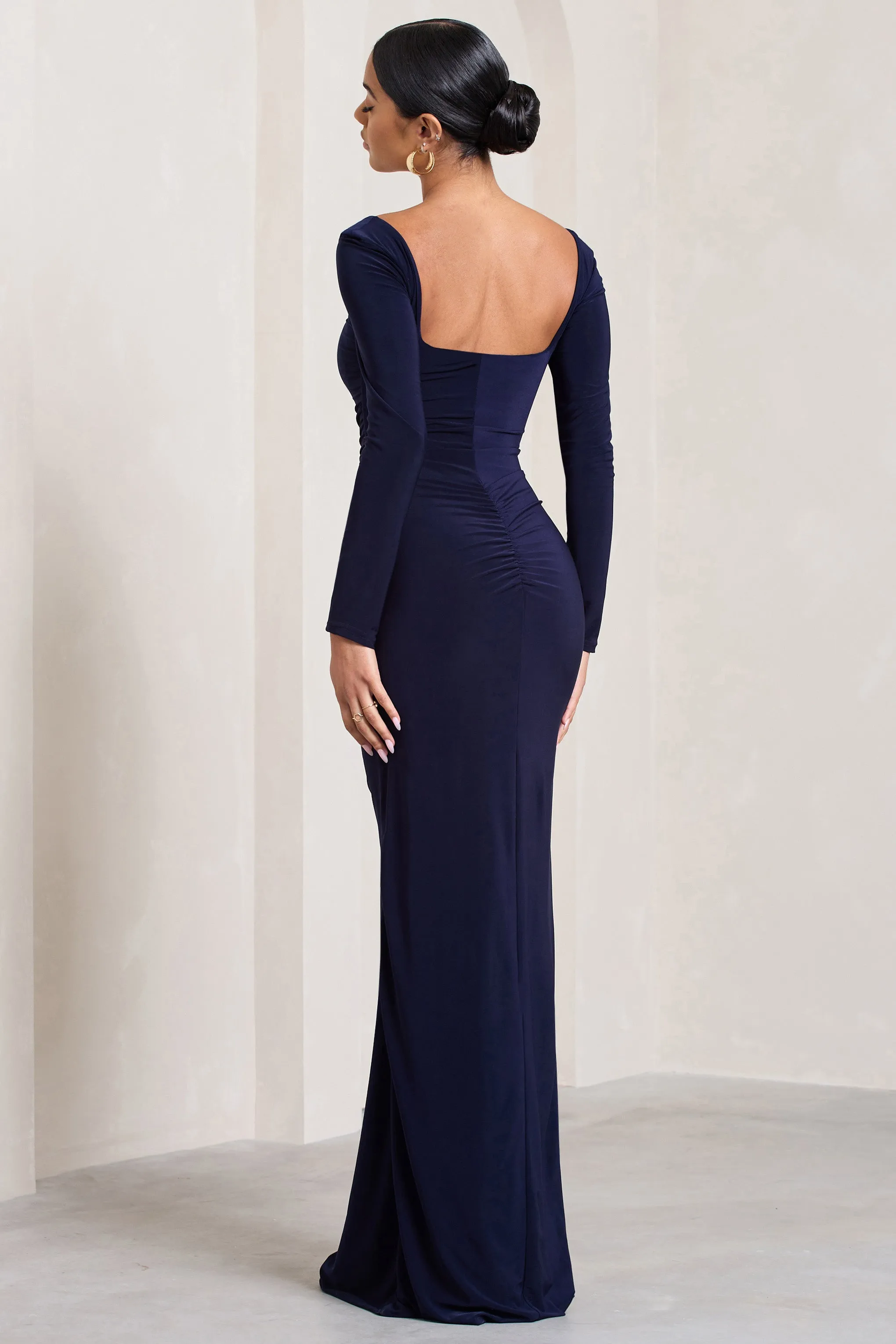My Pleasure | Navy Square Neck Ruched Maxi Dress sold by Club L London product image thumbnail 2