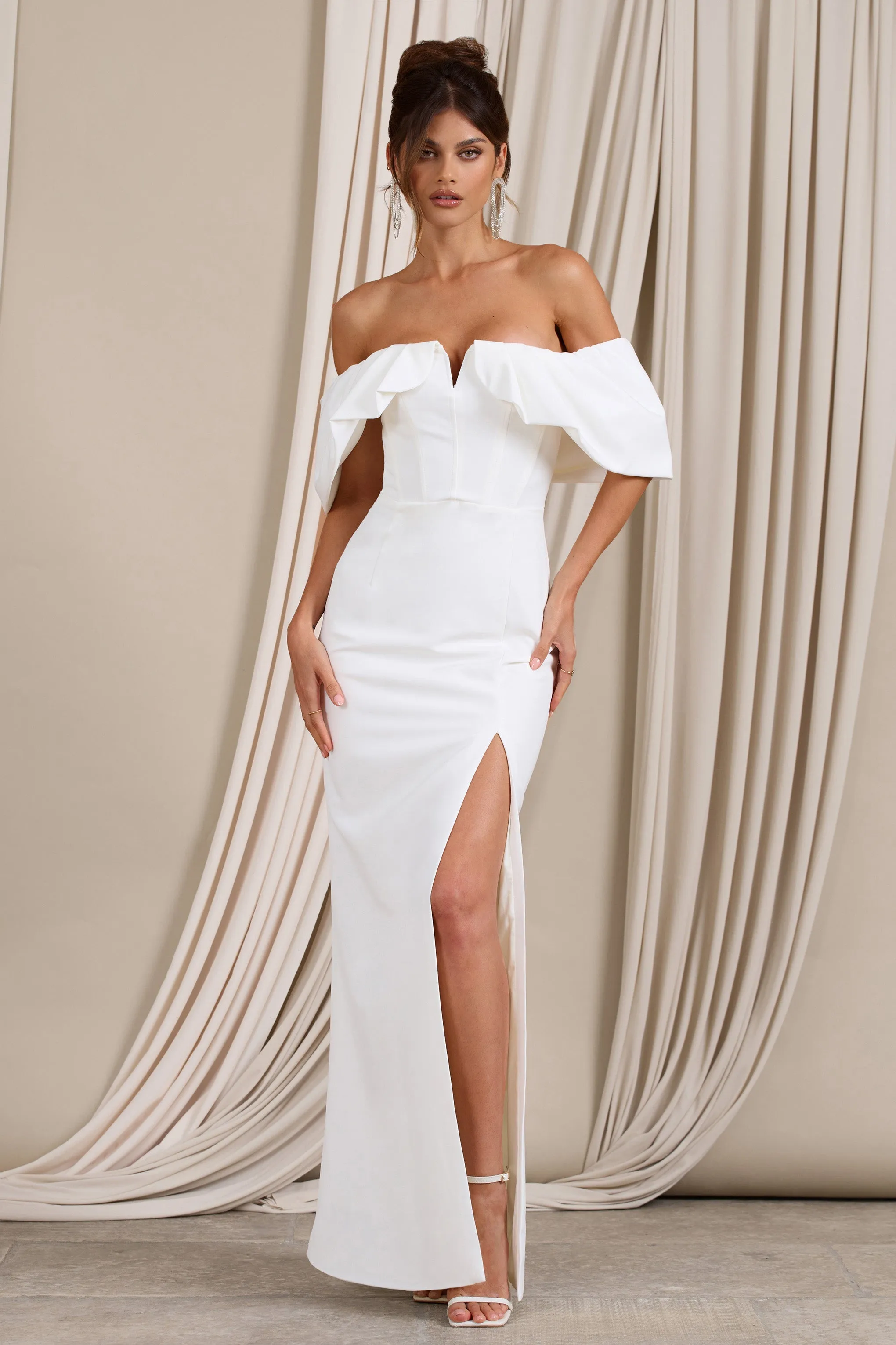 Graces | White Structured Bardot Split Maxi Dress sold by Club L London product image thumbnail 4