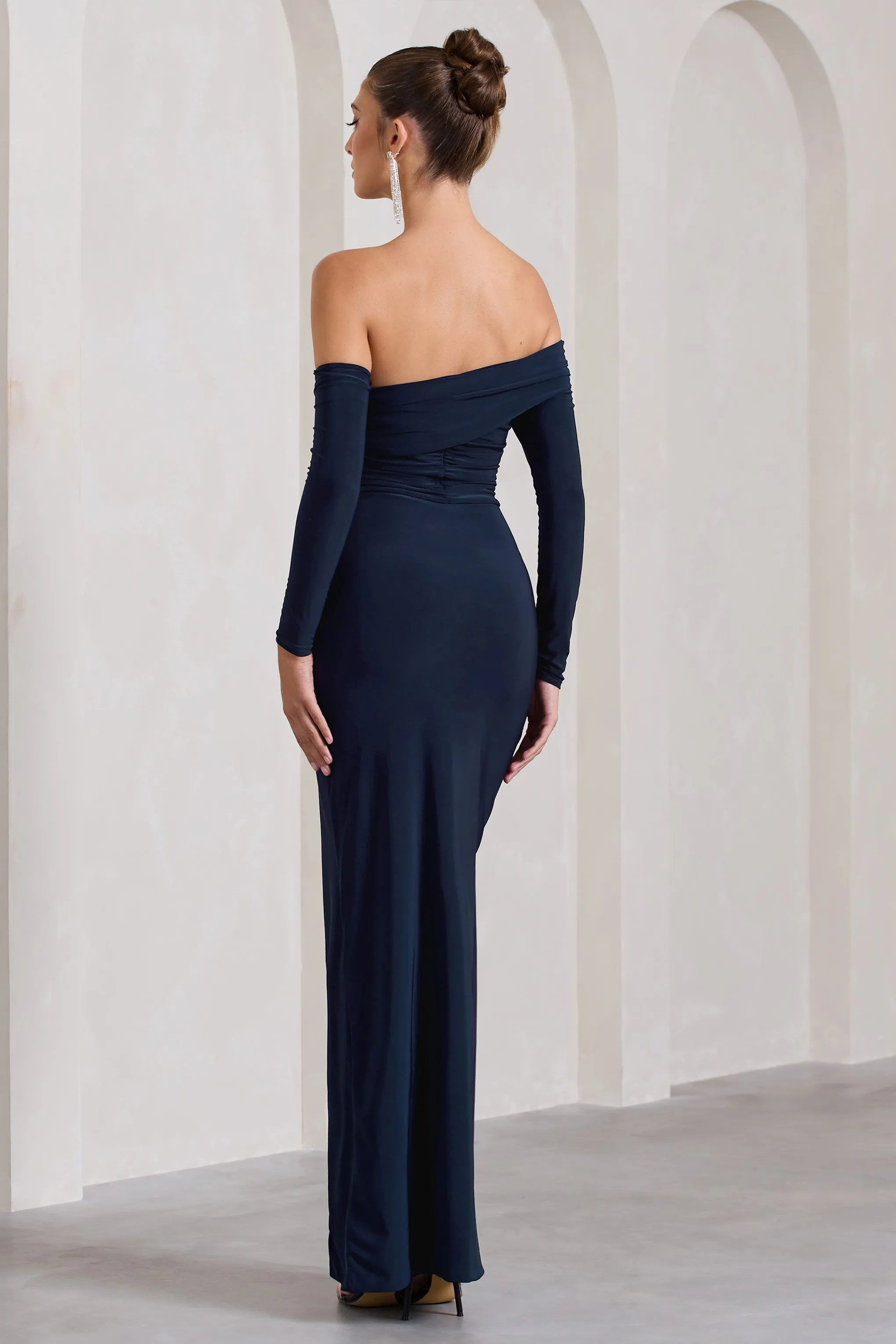 Stand Out | Navy Bardot Ruched Maxi With Sleeves And Side Split sold by Club L London product image thumbnail 2