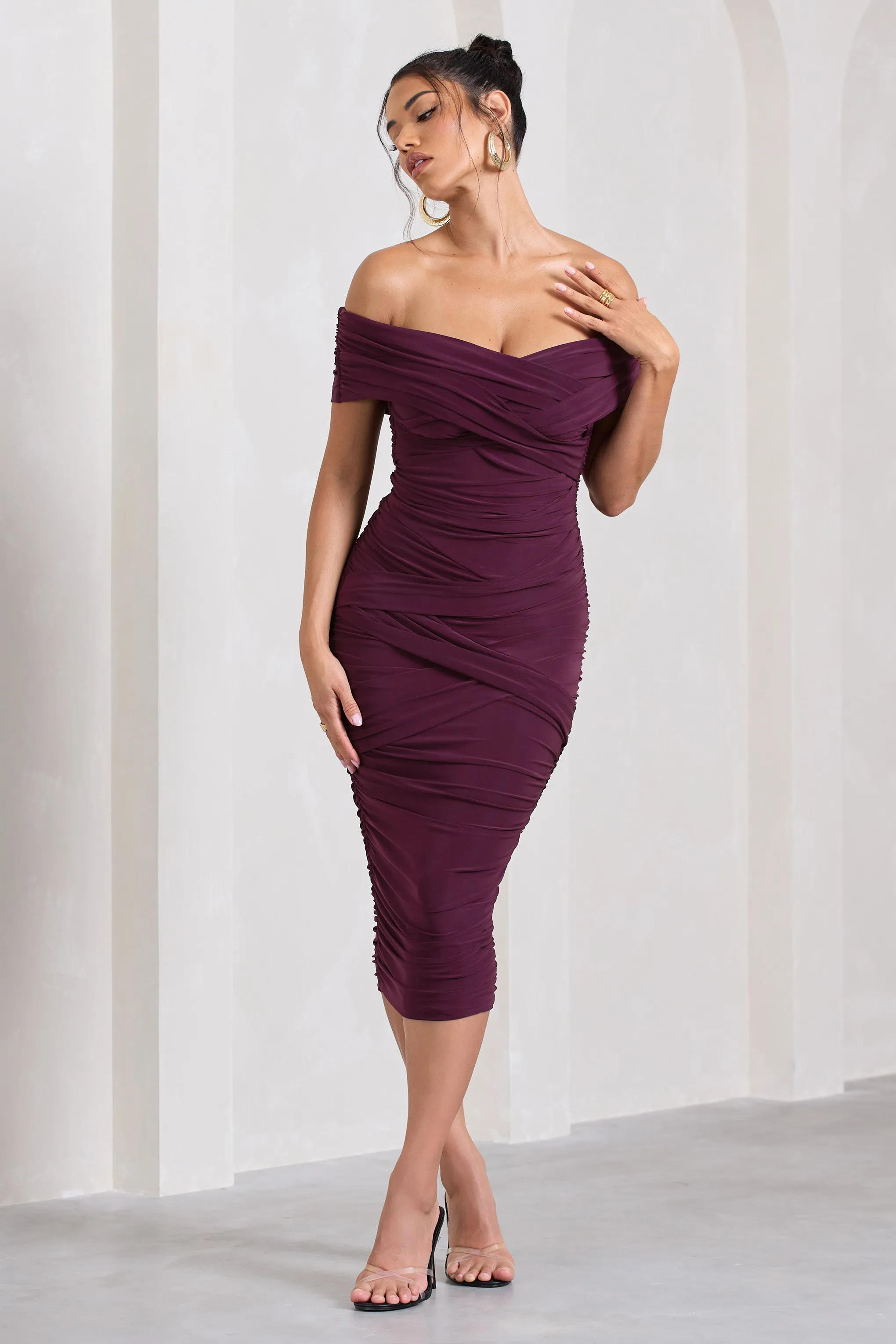 Amanda | Cherry Twisted Wrap Bardot Midi Dress sold by Club L London product image thumbnail 3