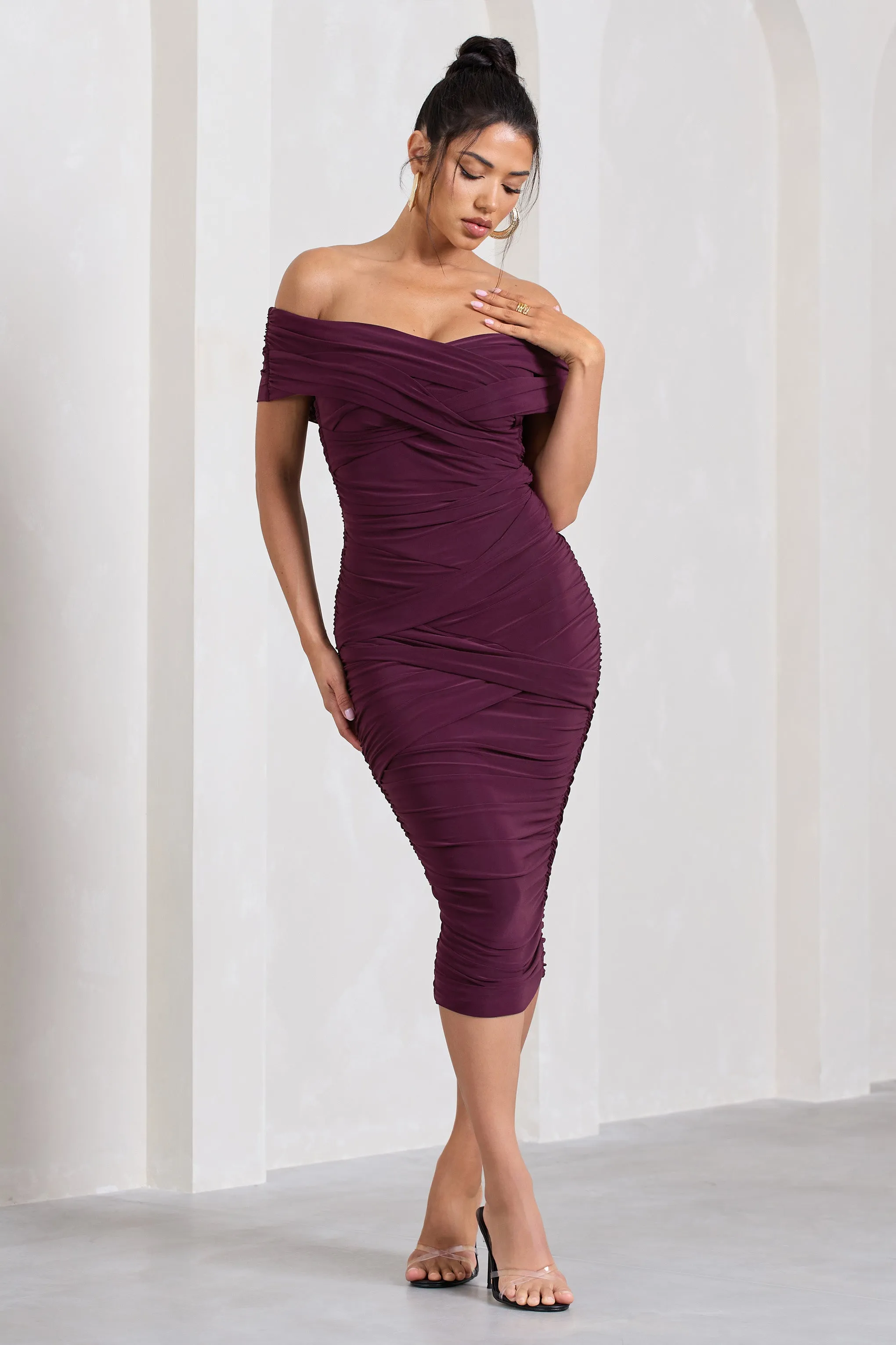 Amanda | Cherry Twisted Wrap Bardot Midi Dress sold by Club L London