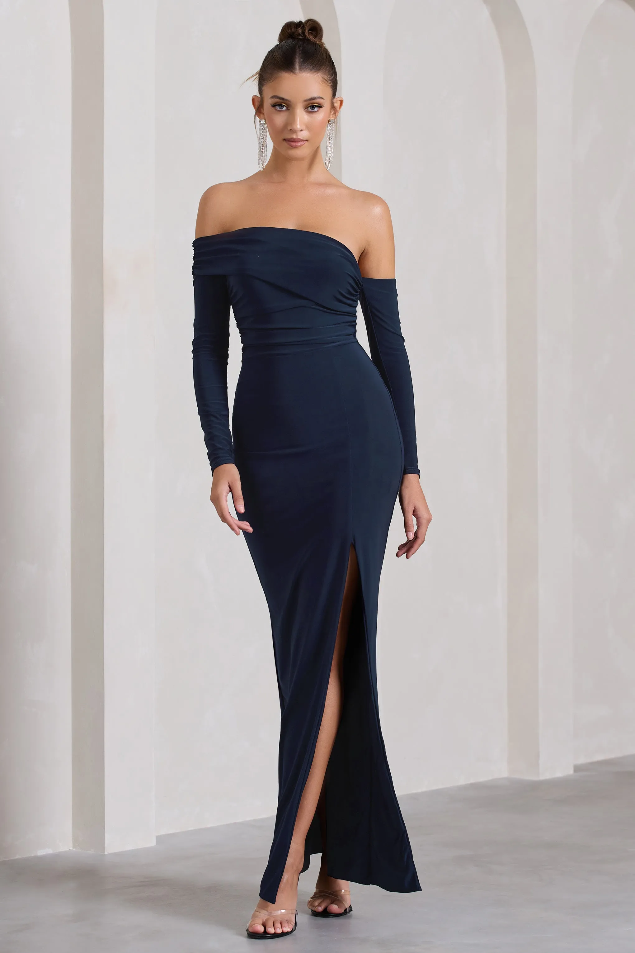 Stand Out | Navy Bardot Ruched Maxi With Sleeves And Side Split sold by Club L London product image thumbnail 4