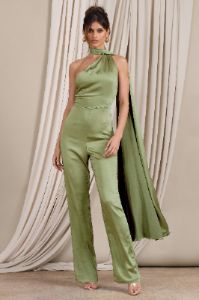 Cascada | Olive Green Satin Wide Leg Jumpsuit With Statement Scarf Neck sold by Club L London