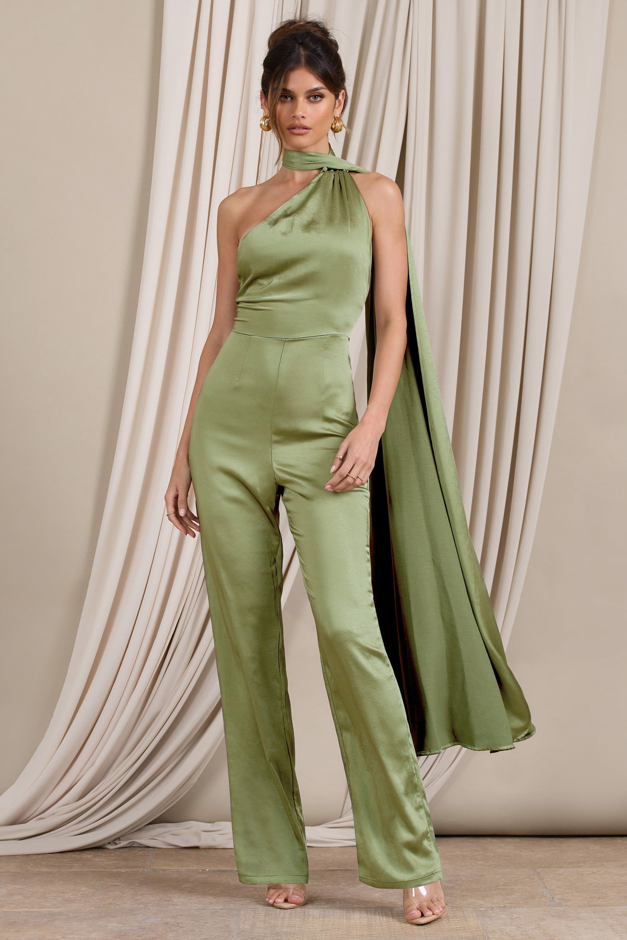 Cascada | Olive Green Satin Wide Leg Jumpsuit With Statement Scarf Neck sold by Club L London product image thumbnail 3