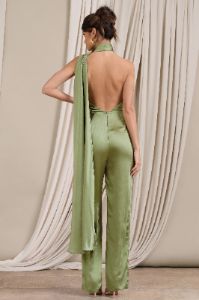 Cascada | Olive Green Satin Wide Leg Jumpsuit With Statement Scarf Neck sold by Club L London