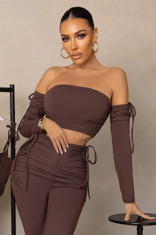 On Top | Brown Ruched Bardot Crop Top sold by Club L London