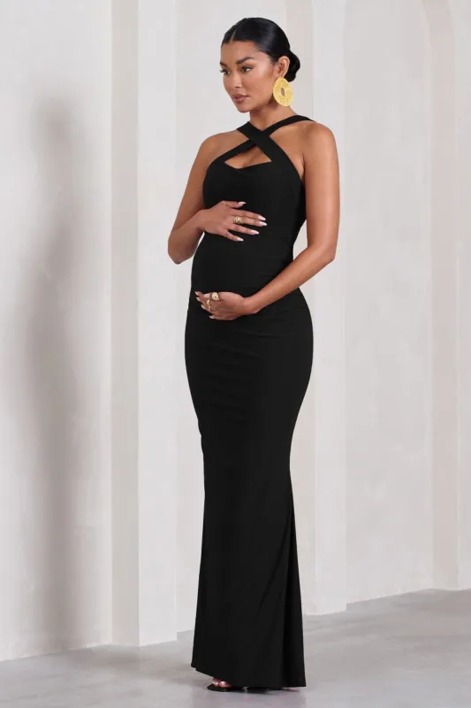 Cross My Heart | Black Sleeveless Cross-Neck Maternity Maxi Dress sold by Club L London