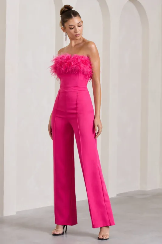 First Class | Hot Pink Bandeau Feather Wide Leg Jumpsuit sold by Club L London