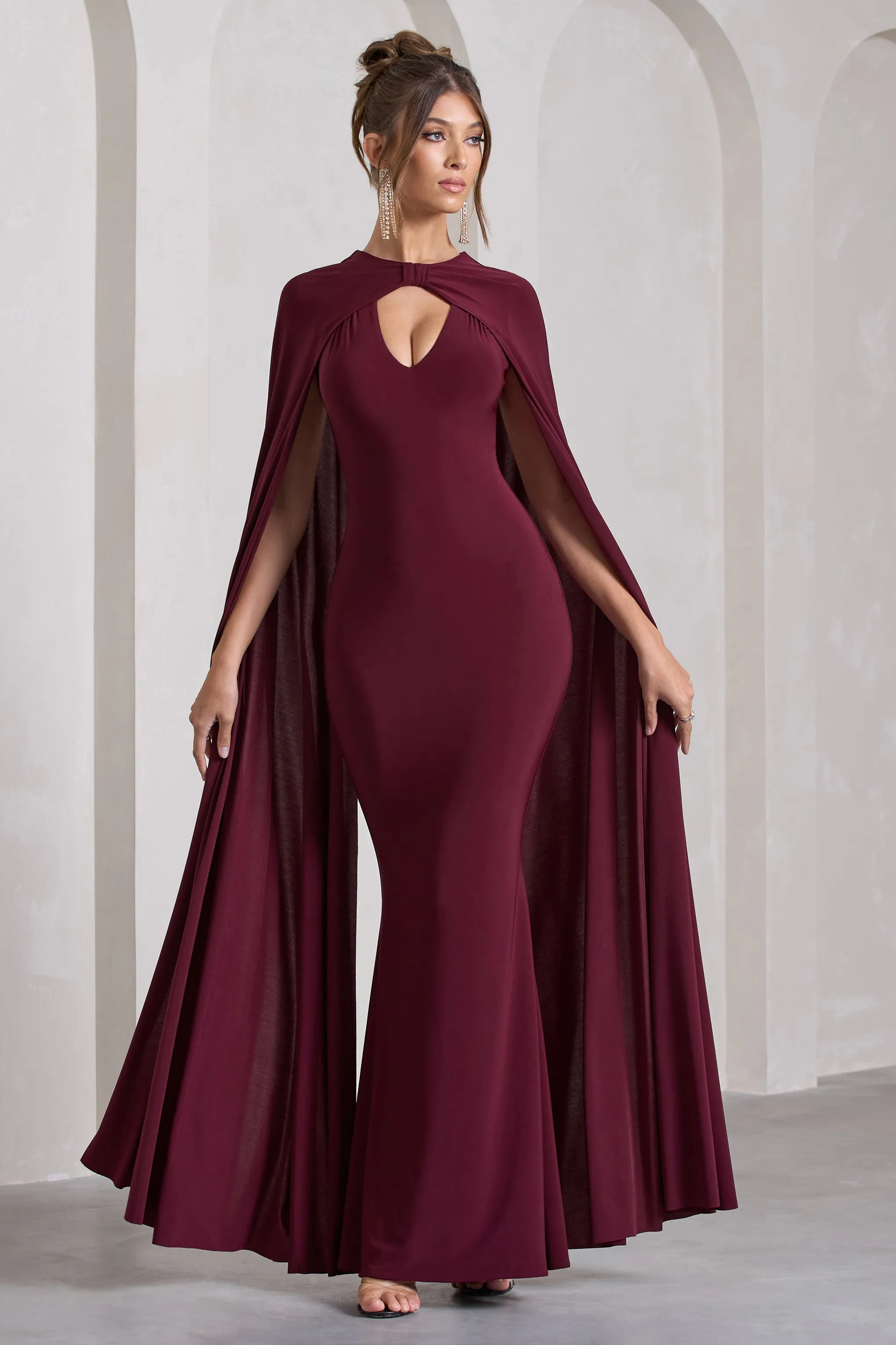 Standing Ovation | Burgundy Plunge-Neck Cape Maxi Dress sold by Club L London product image thumbnail 3