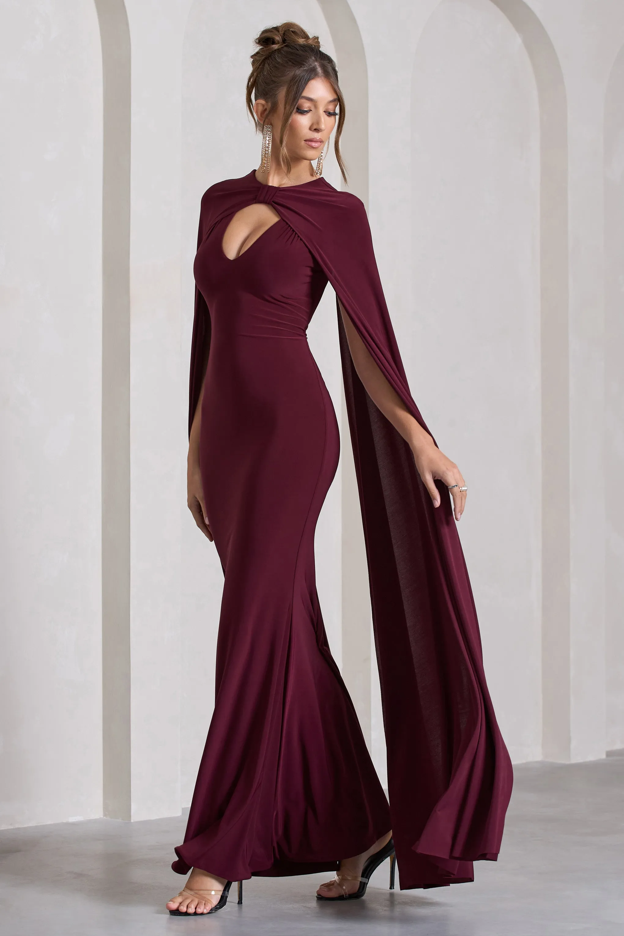 Standing Ovation | Burgundy Plunge-Neck Cape Maxi Dress sold by Club L London product image thumbnail 5